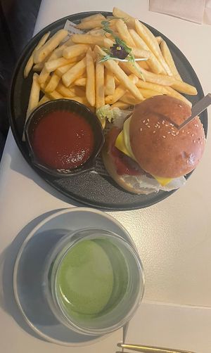 Vegan beef burger with fries !   at The Little Poet in Hobart