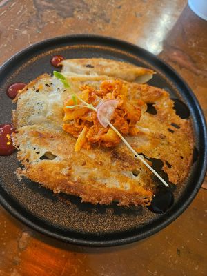Pan fried dumplings with kimchi at The Little Poet in Hobart