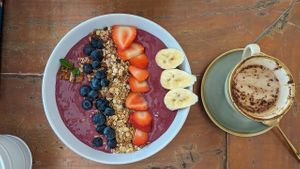 Acai bowl and cappuccino at The Little Poet in Hobart