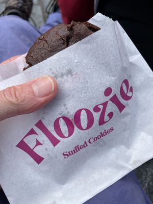Black Forest cookie peeking out of its wrapper  at Floozie Cookies in London