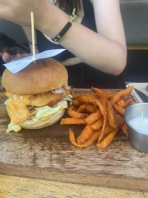 Farmer burger with sweet potato fries   at Friendship Concept in Koh Phangan