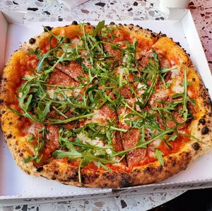 Pepperoni, spicy olive oil... so good at Mastino Pizza in Amsterdam