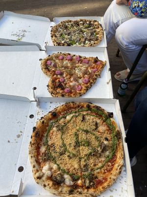 The aubergine pizza (in front), the Amore (in the middle) and the mushroom pizza (in the back)  at Mastino Pizza in Amsterdam