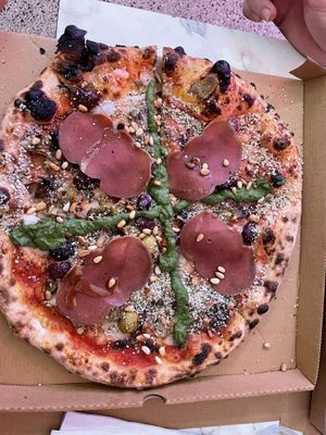 2 seasons pizza with vegan salami  at Mastino Pizza in Amsterdam