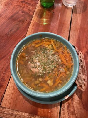 Lentil soup with perfect sourdough bread  at Casa Maca in Valladolid