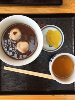 Kawabata zenzai set for 650 yen (all vegan)  at Kawabata Zenzai Square in Fukuoka