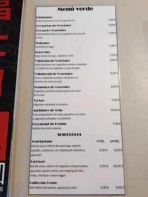 Menú verde ("green menu") at Fujiyama Sushi Bar in A Coruna