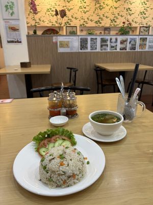 Fried rice comes with complimentary broth.  at JC Vegetarian Restaurant in Phnom Penh