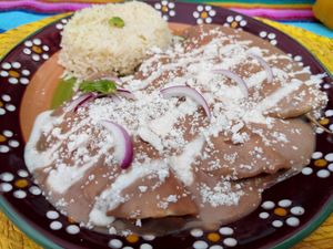 Enfrijoladas a la Ranchera con Chile poblano. at Guanajuatito Restaurante in Guanajuato