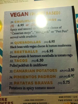 Vegane Speisekarte at Cabanas 1984 in Tenerife