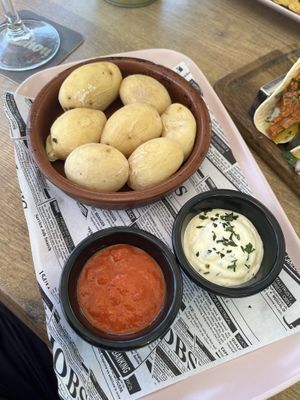 canarian potatoes (labelled vegan but mayo isn’t)    at Cabanas 1984 in Tenerife