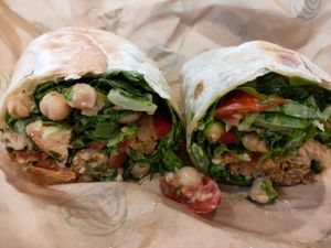 Vegan Caesar Wrap (romaine lettuce, kale, quinoa mushroom patty, chickpeas, cherry tomatoes, capsicum, croutons, vegan caesar dressing) at SaladStop in Jakarta