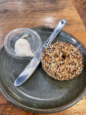Everything bagel —too salty!  at Hark! Cafe in Plymouth