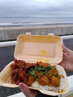 potato and pea curry and onion bhajis at The Tiffin in Kirkcaldy