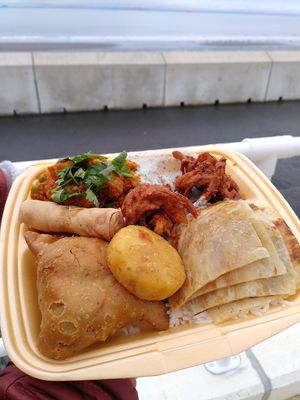 Thali plate: curry and rice, chapatti, onion bhajis, samosa, spring roll, vegan yoghurt and mint sauce at The Tiffin in Kirkcaldy
