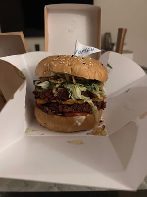 Huge double stack vegan burger   at Karibu in El Gouna