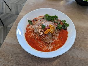 "Spicy Paitan" veganized by substituting noodles and broth and deleting the non-plant proteins. at Sazan Ramen in Austin
