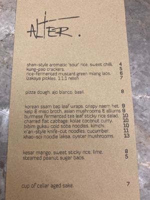 Menu at alter in East London