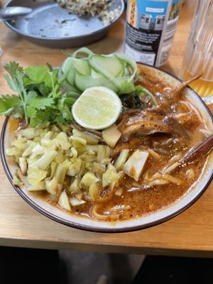 Khao-soi noodle laksa, oyster mushrooms.  at alter in East London