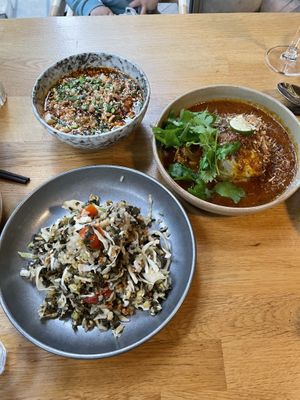 Burmese fermented tea leaf sticky rice salad / charred flat cabbage / chengdu street tofu  at alter in East London