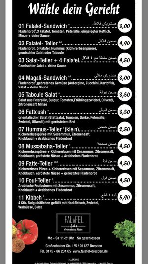 Menu at Falafel Bistro in Dresden