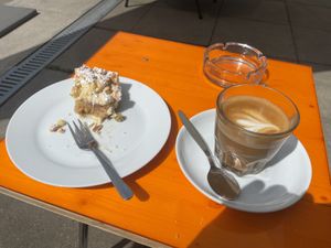 Rhabarber cake and flat white   at KAWA in Dresden