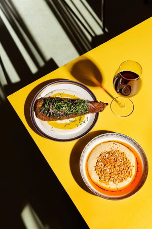 Hummus and aubergine schnitzel! at Two Forks Hummus Shop in Malmo