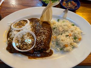 Vegan emplatanadas -- "Two enchiladas filled with plantains and cheese, topped with with mole, queso fresco and onions. Serviced with raise and a black beans tamal." at Salsa A La Salsa in Minneapolis