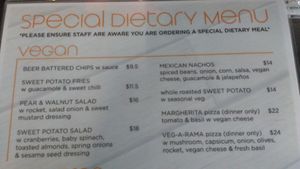 Vegan menu at RodnReel Hotel in Woodburn