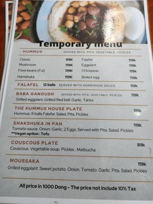 Menu at The Hummus House in Da Nang