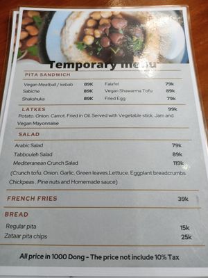 Menu at The Hummus House in Da Nang