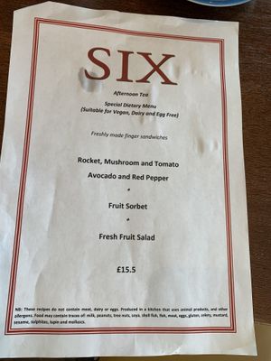 Vegan afternoon tea menu  at Six in Cambridge