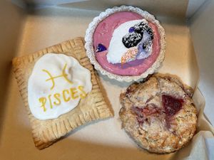 Blood orange Pisces poptart, hibiscus grapefruit tart, strawberry scone  at Just What I Kneaded in Los Angeles