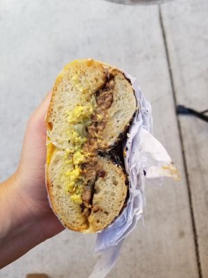 Amazing bagel with vegan meat and scrambled tofu. We also had their 2 other bagels and they were SO GOOD at Just What I Kneaded in Los Angeles