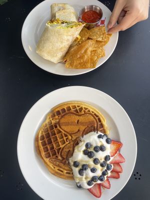 Waffle and breakfast burrito   at Just What I Kneaded in Los Angeles