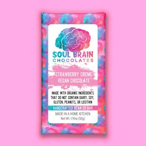 Vegan Strawberry Creme -
White chocolate infused with strawberries and added strawberry chunks.  at Soul Brain Vegan Chocolates in Simi Valley