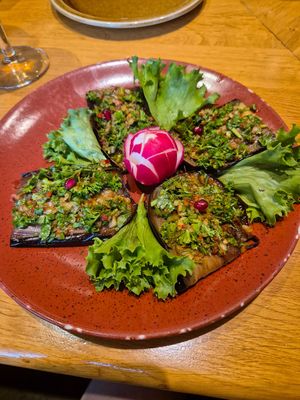 Eggplant with garlic at IVERIA in Munich