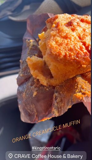 Orange creamsicle muffin (not vegan) at Crave Coffee House & Bakery in Kingston