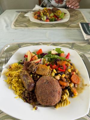 Beautiful spread of healthy, delicious food at Vegan Cottage in Bridgetown