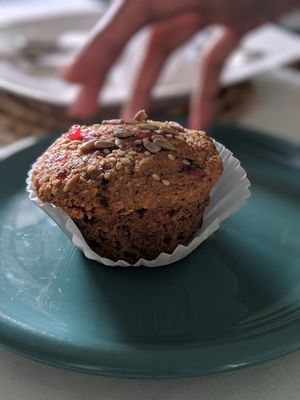 Portion size of muffin at Vegan Cottage in Bridgetown