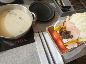 Miso Soup Base and vegetable (vegan) platter at Gokudo Shabu Shabu in Burnaby