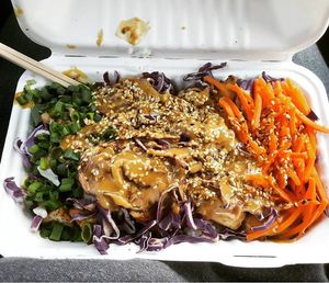 A bowl with peanut sauce. at Native Bowl - Food Cart in Portland
