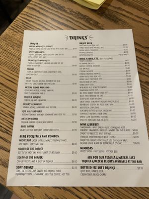 Menu drinks  at John's Tex Mex in Rochester