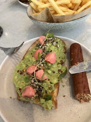 Avo toast with sausage and chips extra   at Brunchoteket in Gothenburg