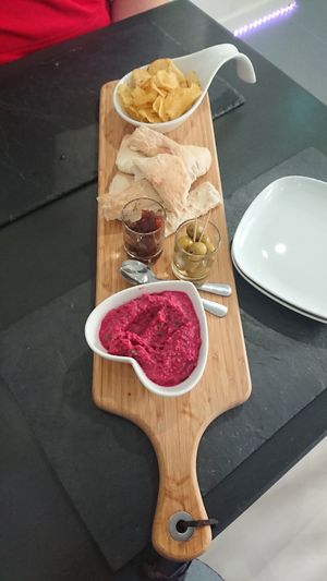 Olives, Houmous, Crisps at Green Island Bistro in Rhuddlan