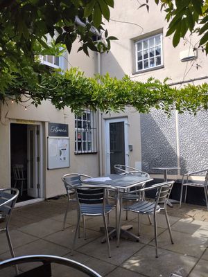 Shaded courtyard at Green Island Bistro in Rhuddlan