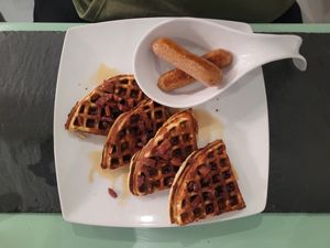 Facon and Maple Syrup Waffles and a Side of Sausages at Green Island Bistro in Rhuddlan