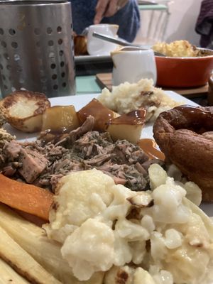 Minted jackfruit, cauliflower cheeze, Yorkshire pudding in a roast dinner  at Green Island Bistro in Rhuddlan