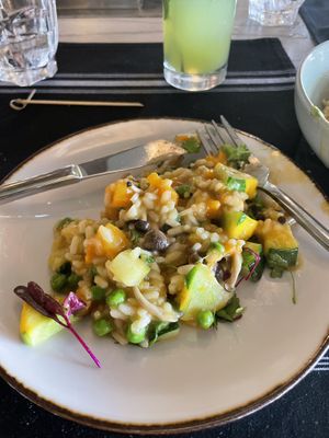 The risotto/butternut squash salad, which is the Seasonal Weekly Farmer’s Market Entree    at Glasspar in Dana Point