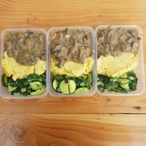 Take home meals. Creamy mushroom stroganoff with polenta & greens. Vegan & Gluten free. at A Good Little Thing in Tootgarook